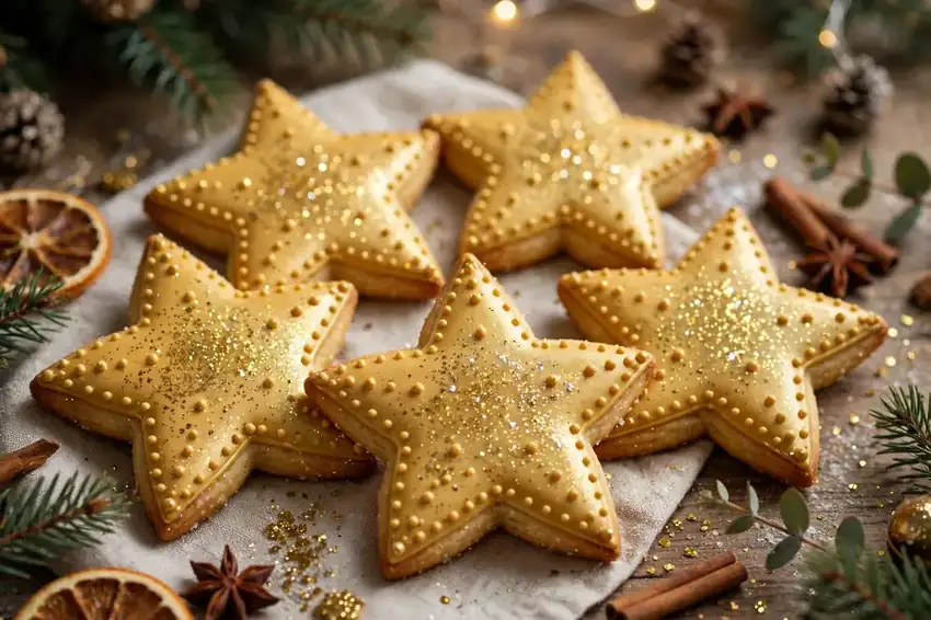 Golden star cookies with shimmering icing, tiny dots and edible glitter