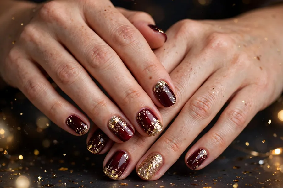 Cranberry nails with champagne gold sparkle for New Year