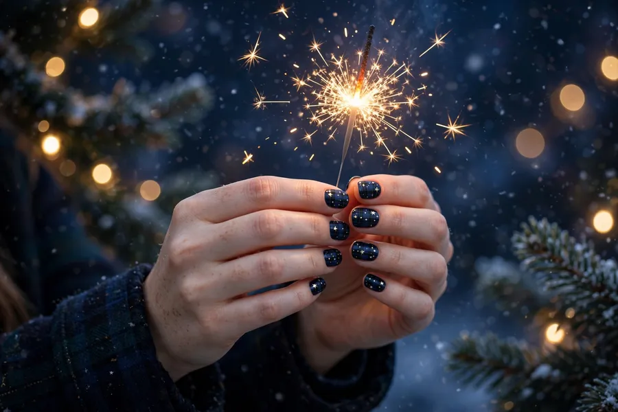 Midnight plaid nails with tiny stars