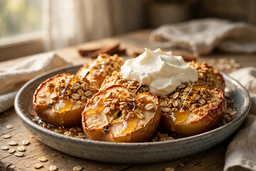 Baked apples with oats and honey topped with cream in a dish