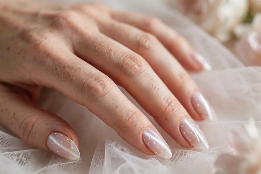 Bridal white polka dot cat eye nails with pearl dots
