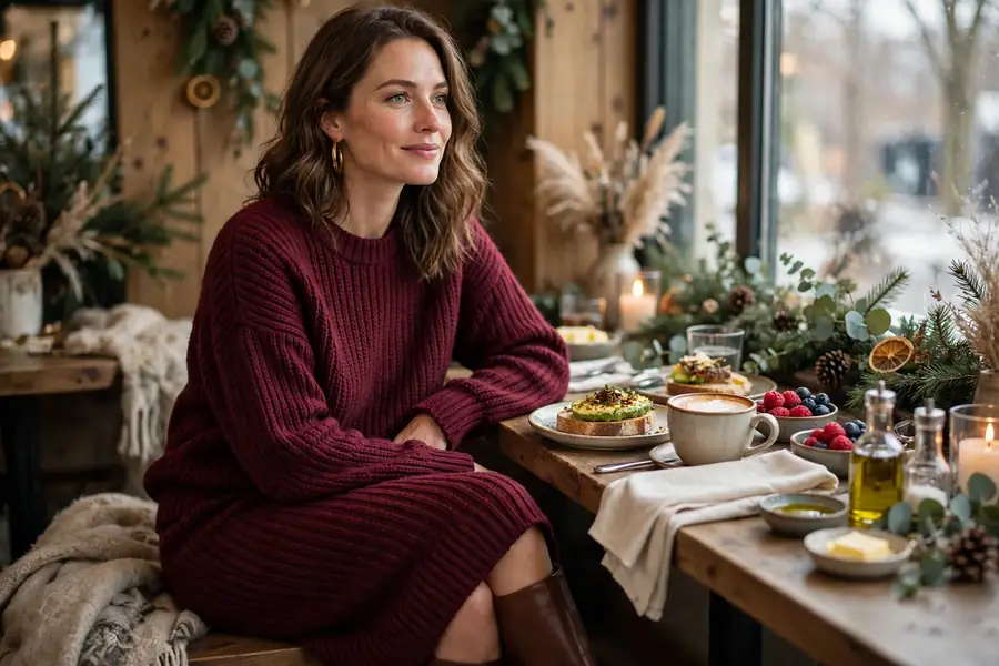 Burgundy knit sweater and skirt co-ord with knee-high boots at a holiday brunch