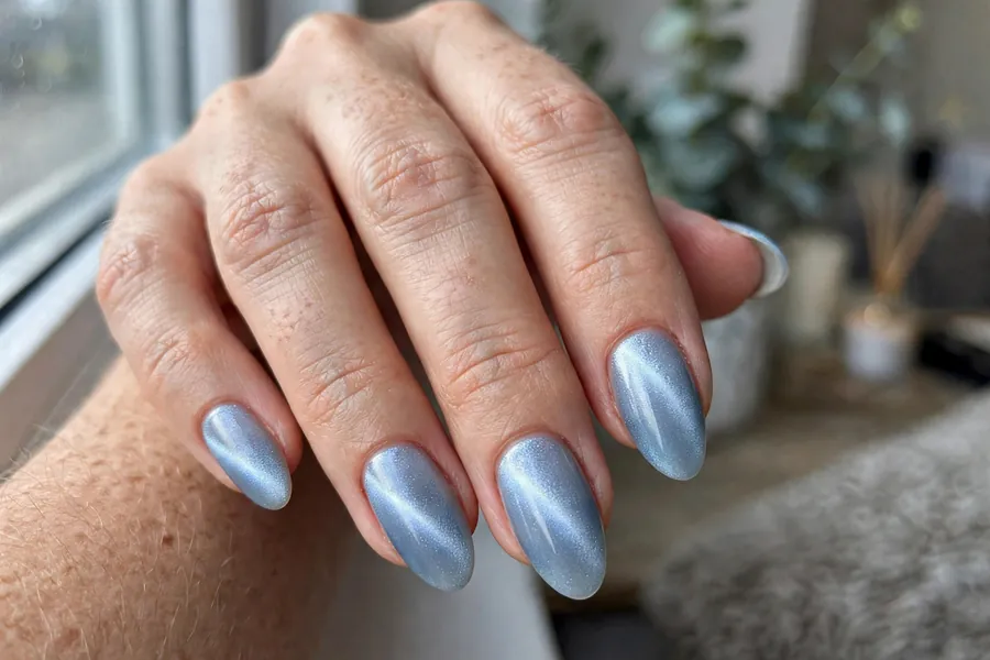 Frosty icy cat-eye nails for winter