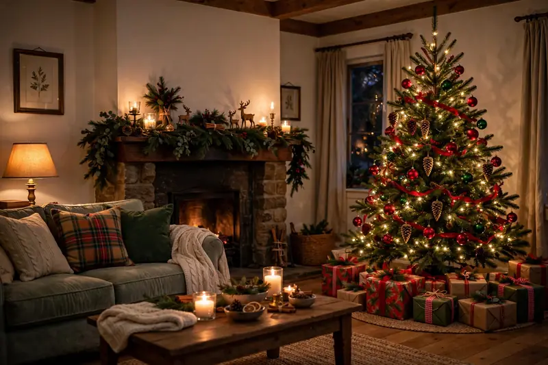 Warm living room ready for Christmas Eve with candles lit and gifts under the tree