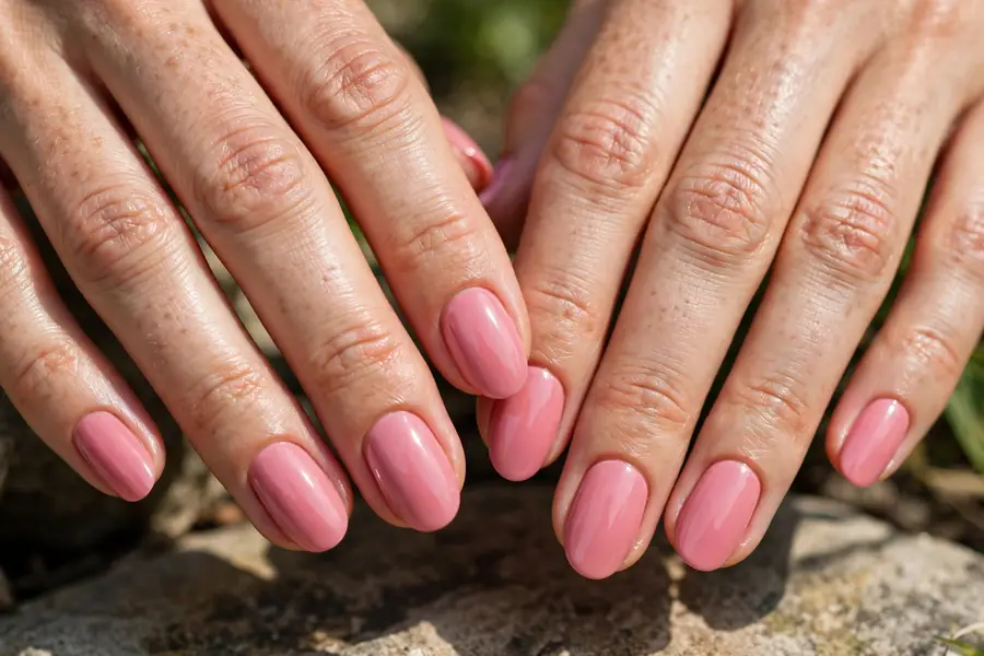 Classic rosy blush nails on real hands with a full cover pink manicure
