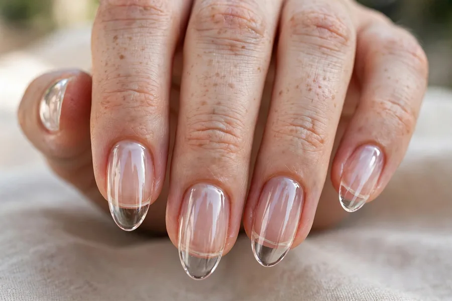Real hand with clear glass-like lip gloss nails, crystal high-shine finish