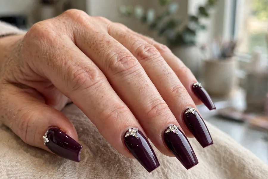Plum coffin nails with crystal rhinestones