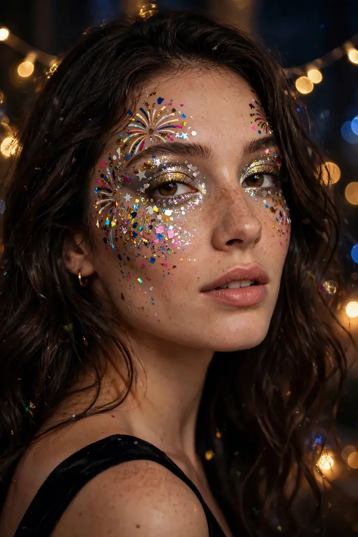 Woman with colourful fireworks confetti glitter makeup for New Year's Eve