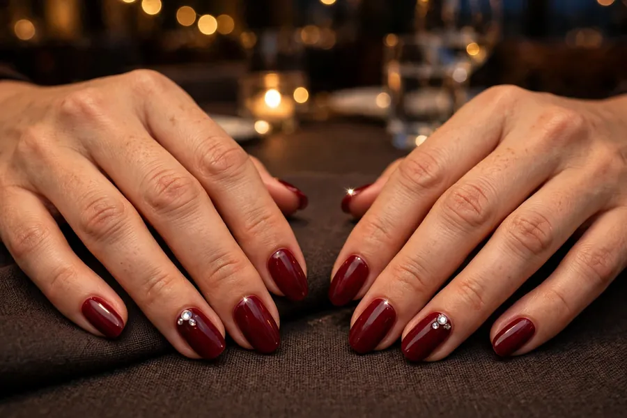 Deep red date night nails with crystal accent nail on real hands under evening lights