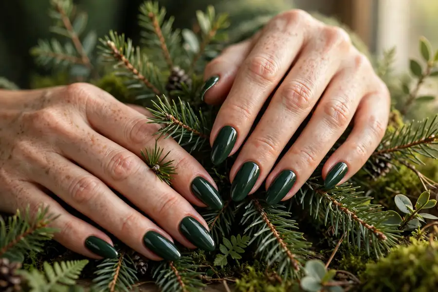 Deep forest green earthy nails on real hands