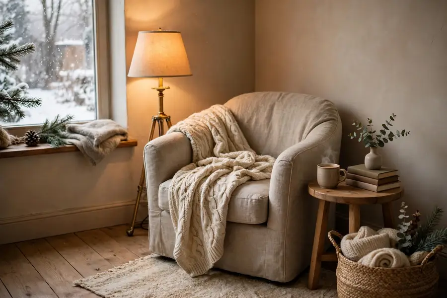 cozy living room corner with a chair blanket and lamp for relaxing