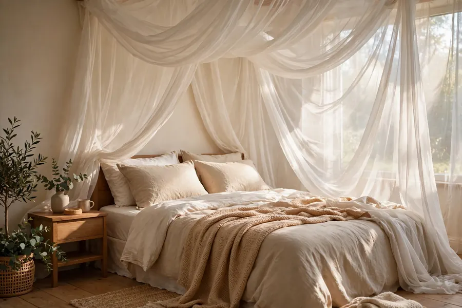 sheer fabric draped above a bed creating a soft canopy feeling