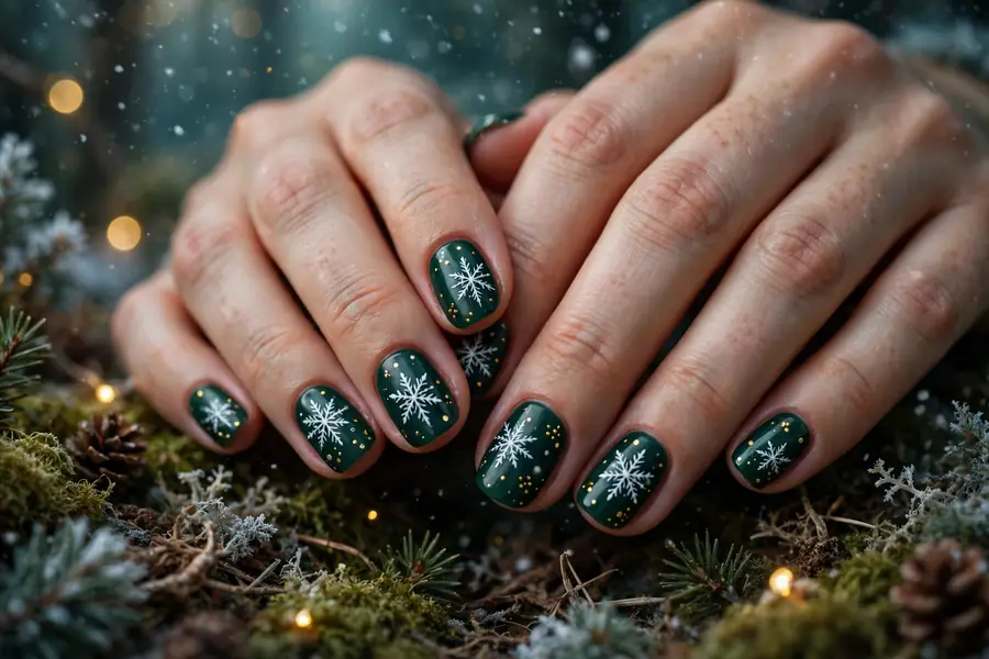 Deep forest green nails with white snowflake nail art and tiny gold dots on real hands