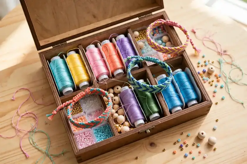 Friendship bracelet kit with colorful threads, beads and woven bracelets