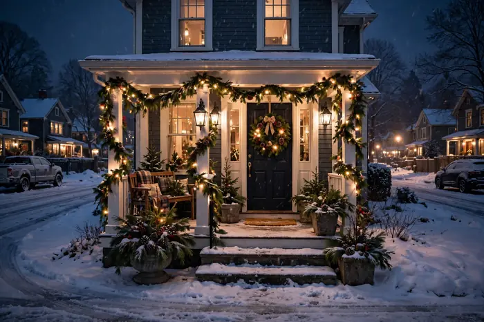 Photorealistic photograph of a fully decorated winter front porch with wreath garland lanterns and snow at night