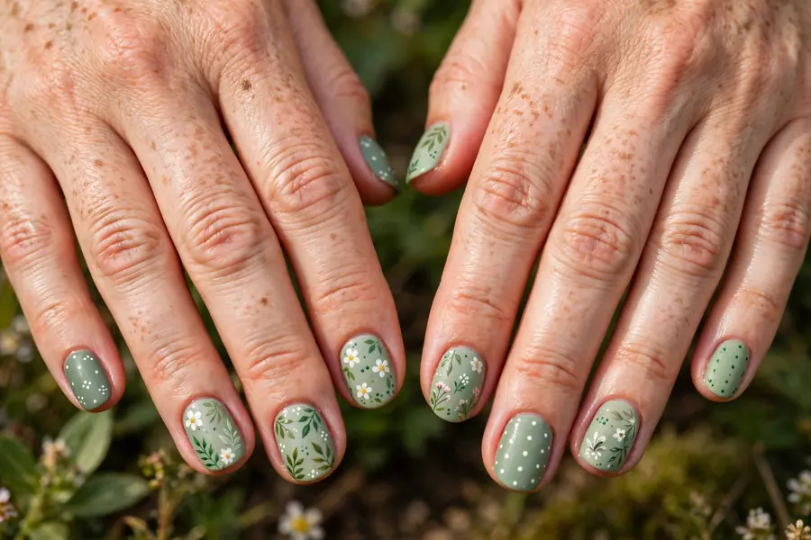 Sage green nails with mixed garden floral accents