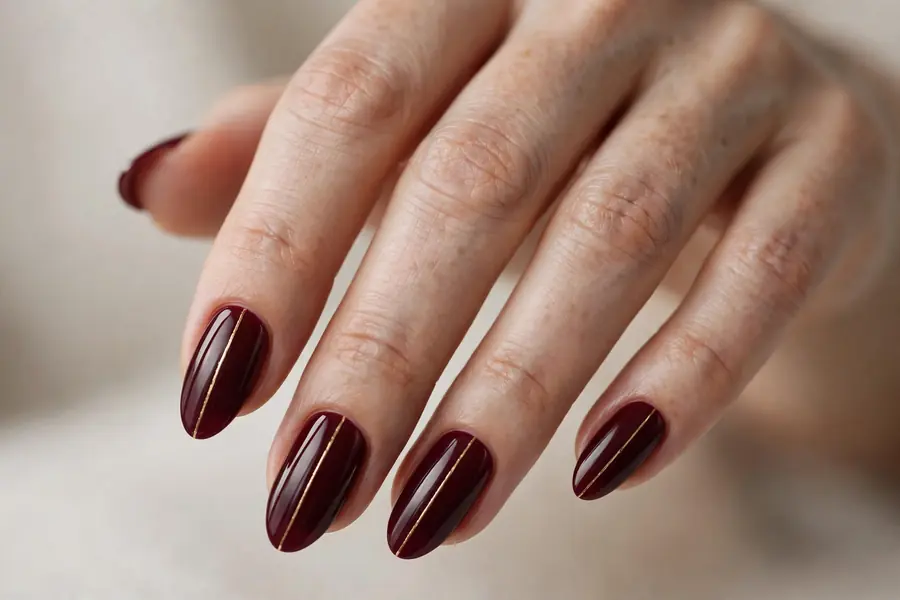Gold center line striped almond nails over burgundy on real hands