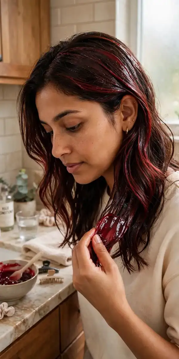 Woman applying cherry gloss refresh treatment to cherry cola brunette hair at home