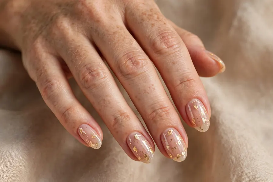 Nude birthday nails with gold leaf flakes