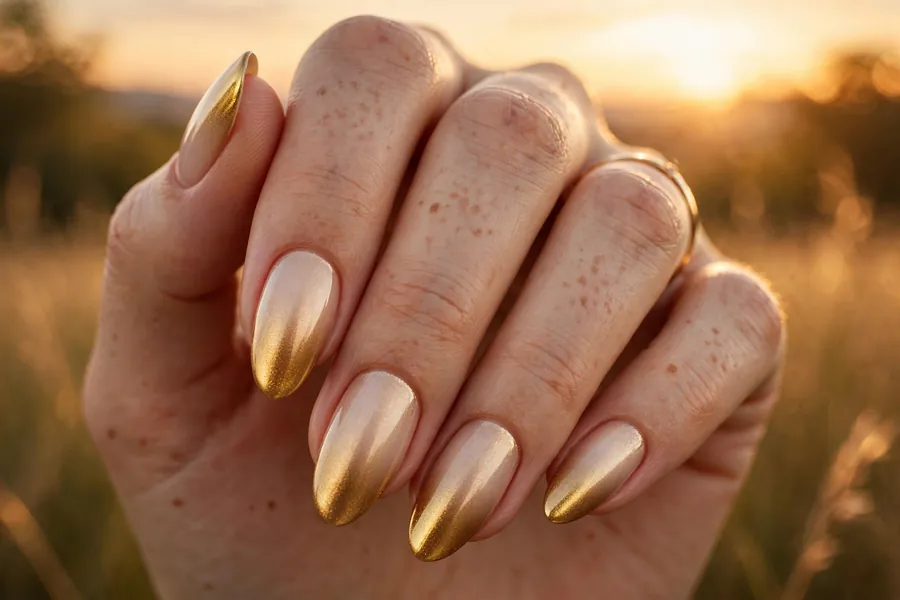 Hand with champagne to gold ombre gradient chrome nails