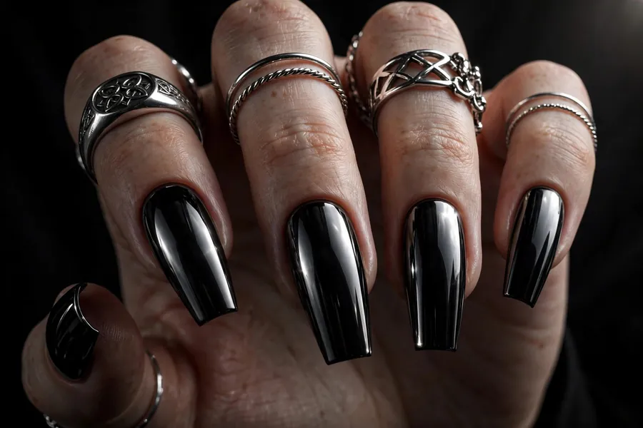 All-black gothic chrome nails, pure mirror shine