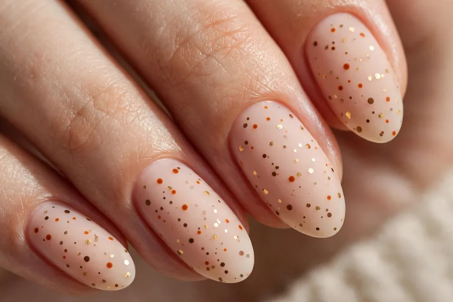 Minimalist nude nails with scattered fall dots