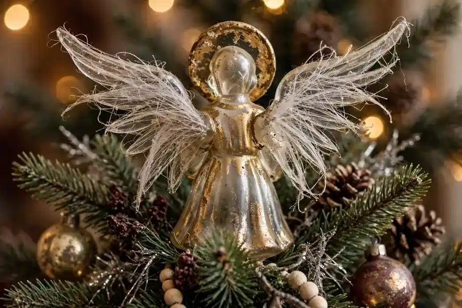 Antique glass angel Christmas tree topper with spun glass wings