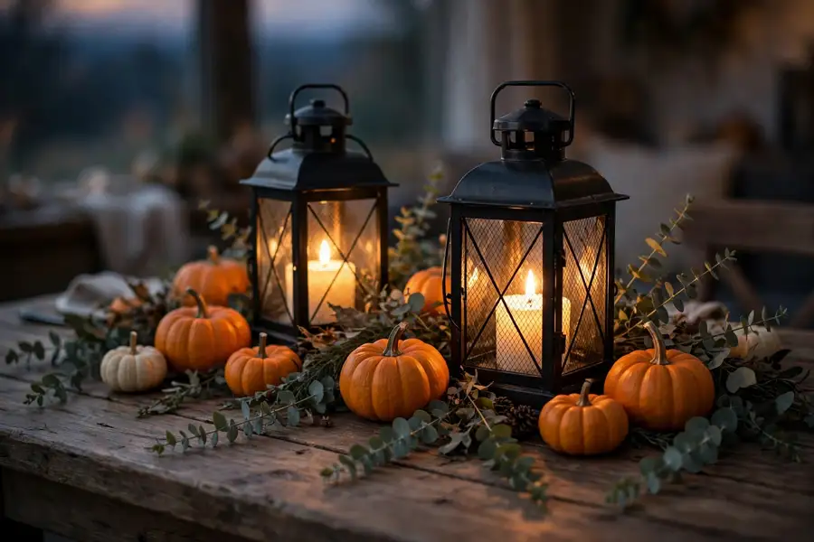 Black lanterns with candles surrounded by pumpkins for thanksgiving
