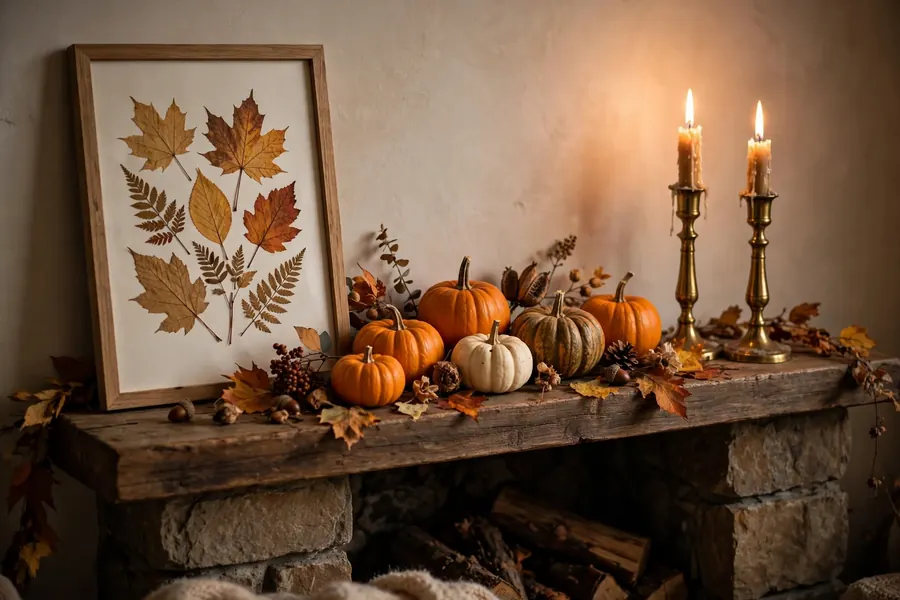 Fall home decor ideas with a mantel styled with candlesticks and framed leaf prints
