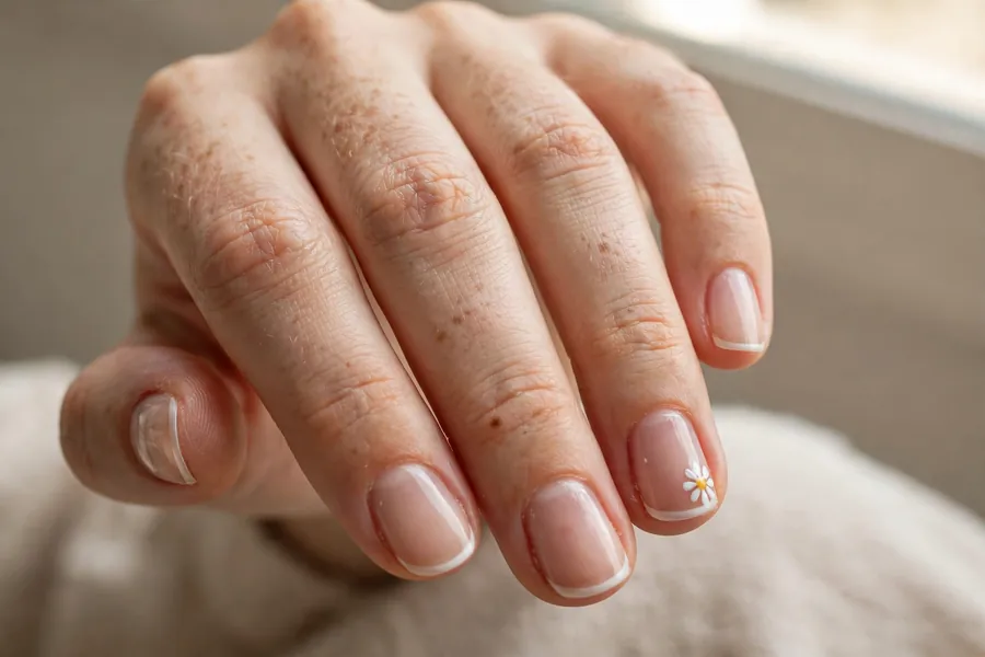 Micro French nails with tiny daisy accent nail