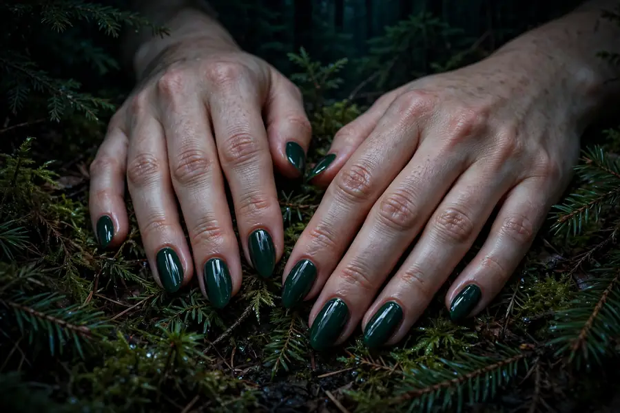 Very dark midnight forest evergreen nails on real hands at night