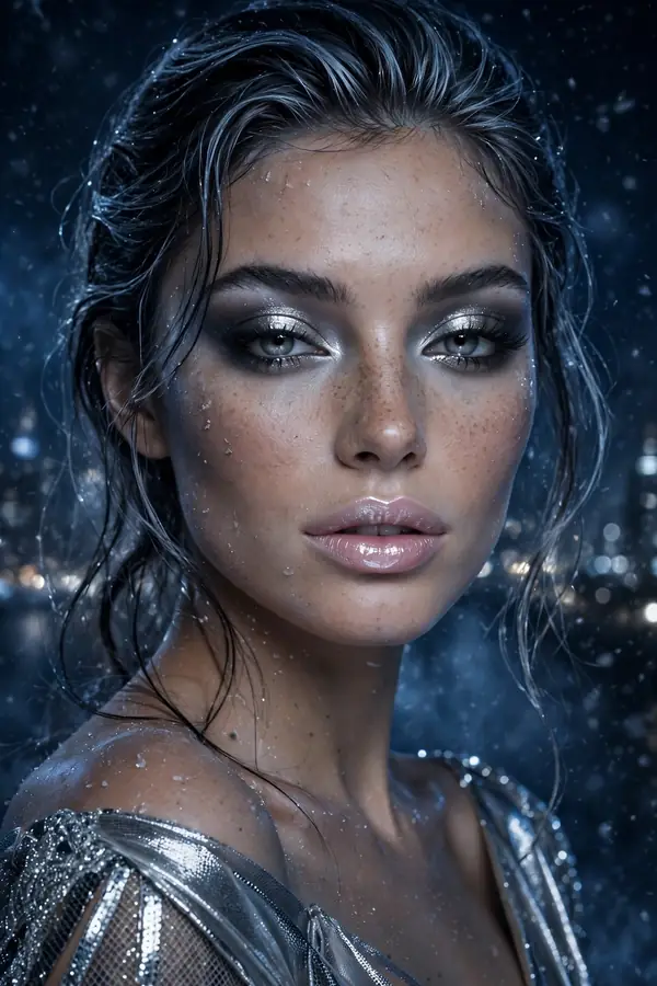 Midnight frost party glam with chrome eyeshadow and glossy frosted lips
