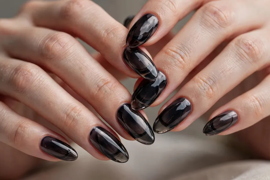 Sheer black midnight glass nails on real hands
