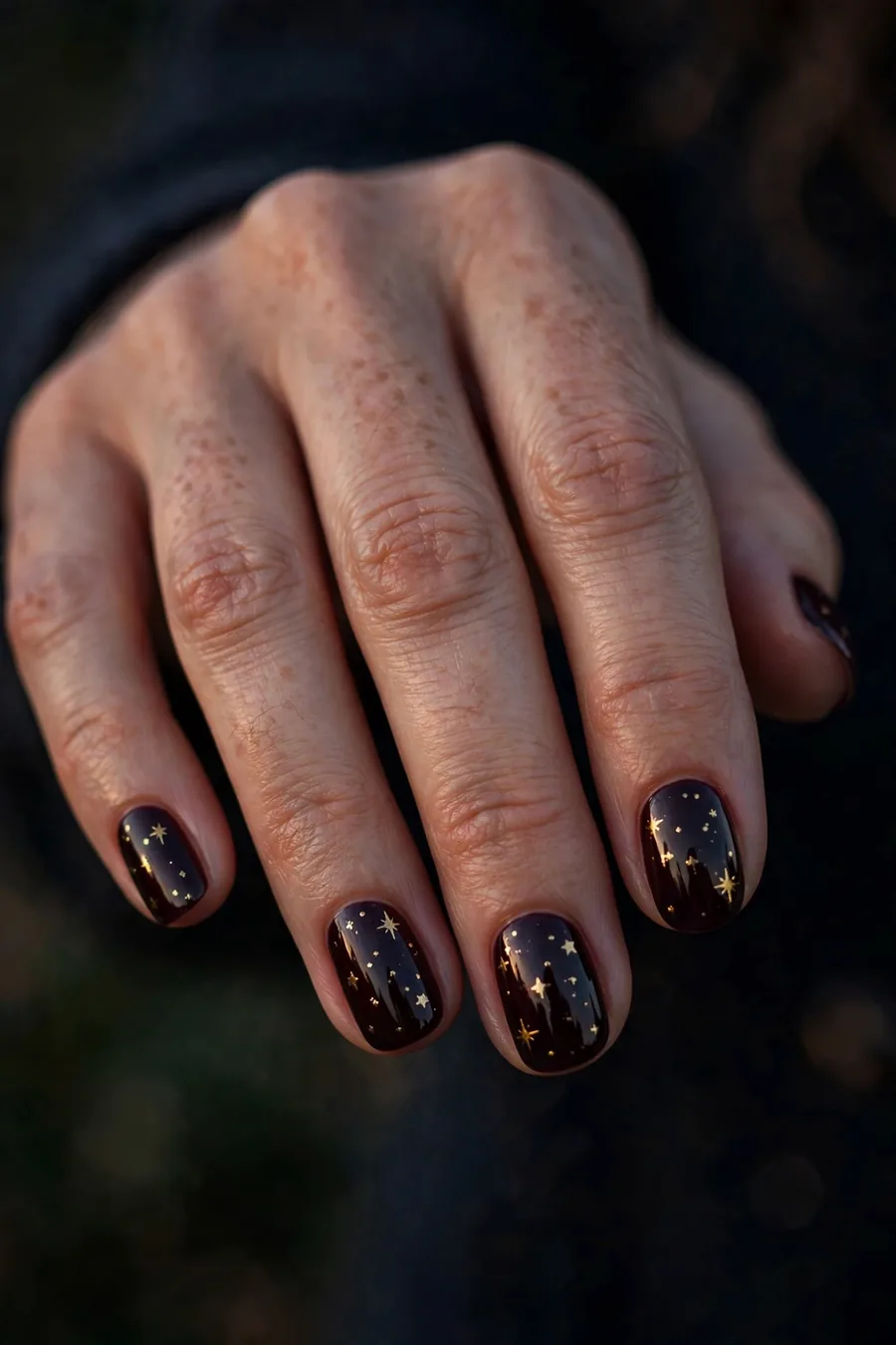 Dark burgundy nails with tiny gold star details