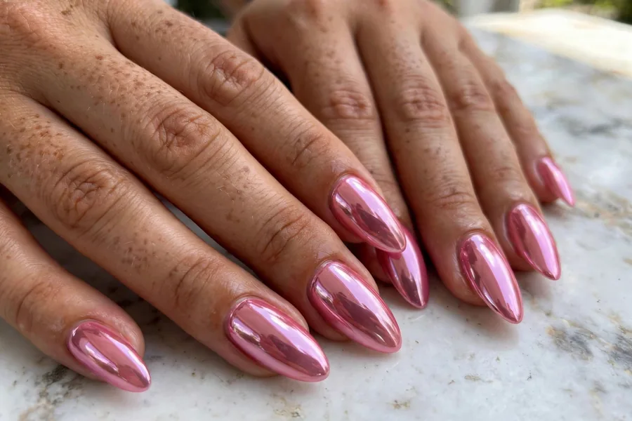Mirror-glaze jelly pink chrome nails with ultra-glossy shine