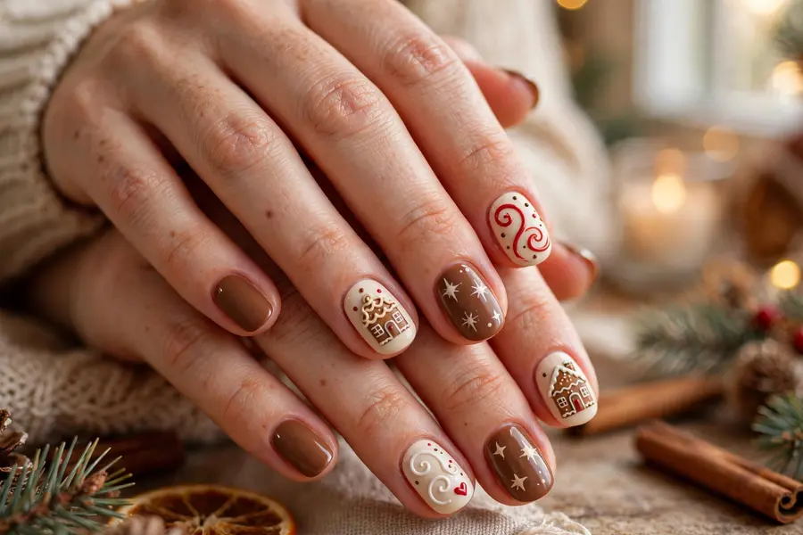 Mix and match gingerbread nail set with houses stars and swirls on real hands
