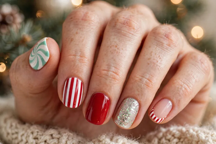 Mix and match peppermint nail set with swirls stripes and solids on real hands