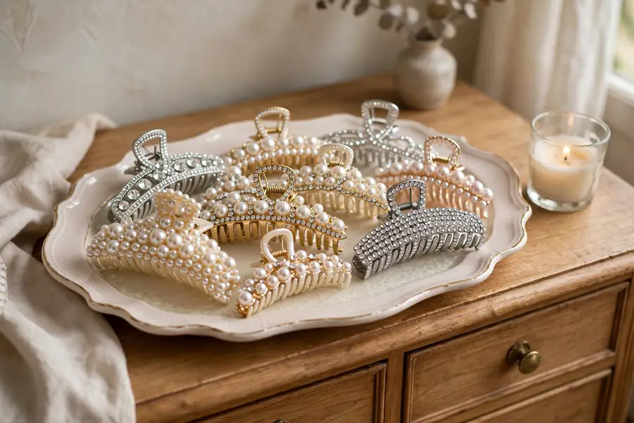 collection of mixed pearl and rhinestone claw clips together