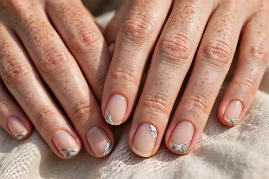 Nude nails with negative space marble vein art