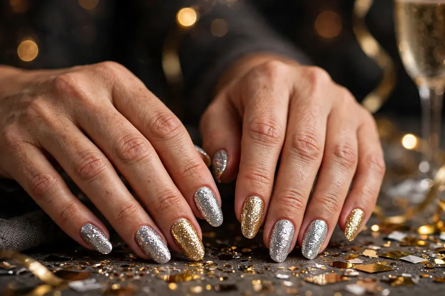Full glitter nails on real hands at a New Year's Eve celebration