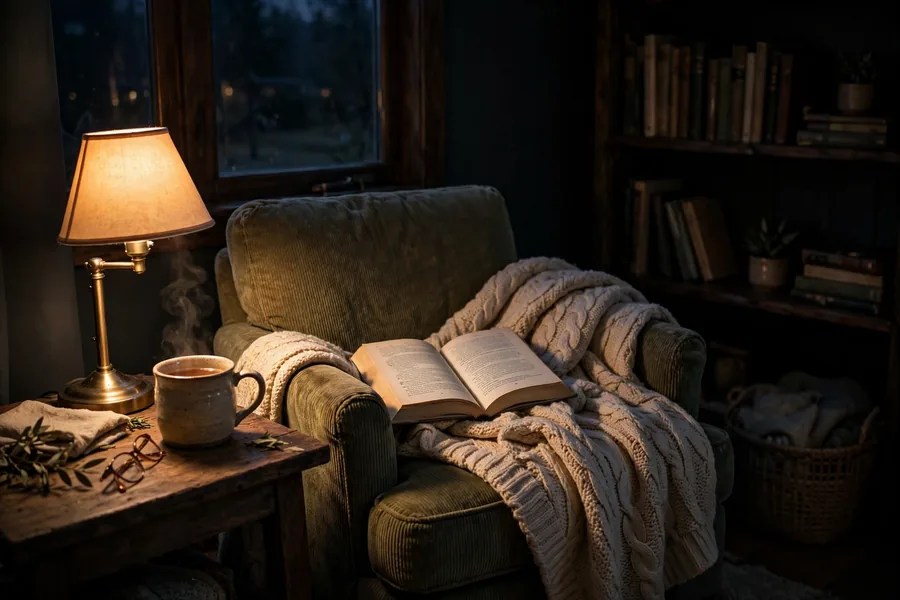 Night time reading nook with a dim warm lamp blanket tea and a book