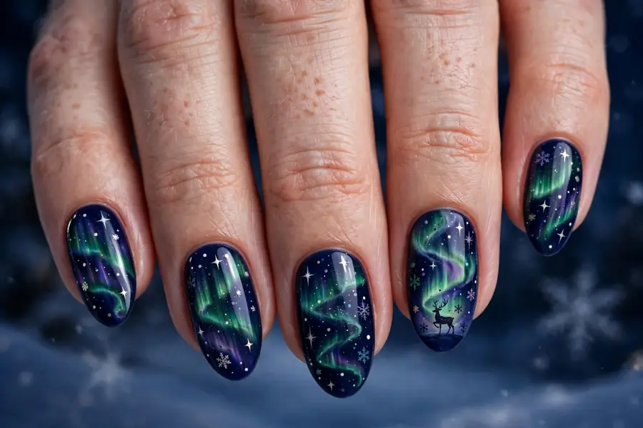 North Pole night reindeer nails with stars and aurora on real hands