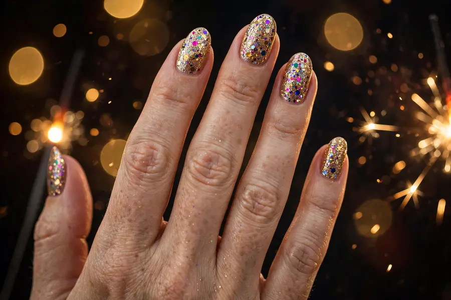 New years eve confetti december nail ideas with multicolor micro glitter on champagne gold