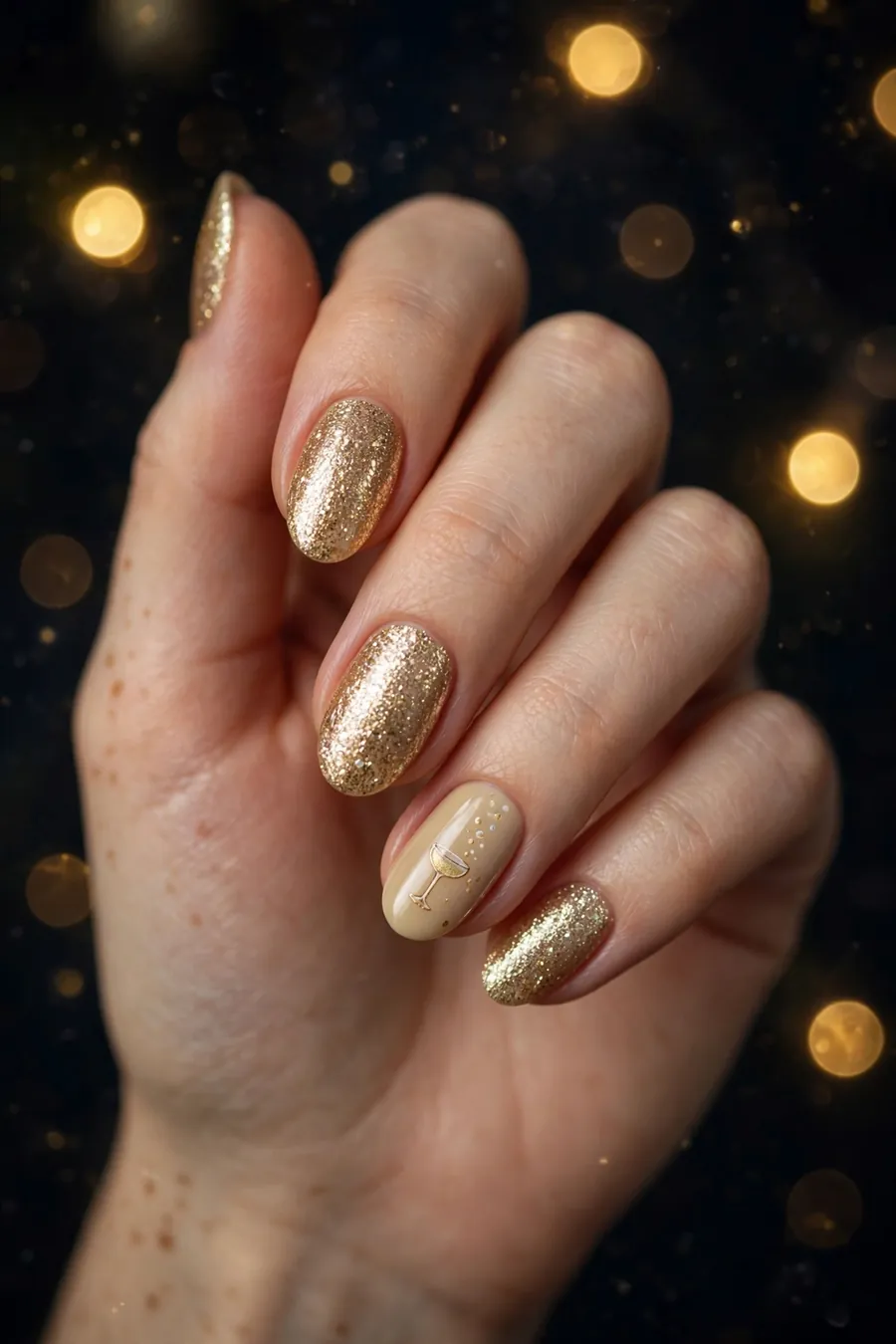 Sparkling champagne toast nail art for New Year's Eve