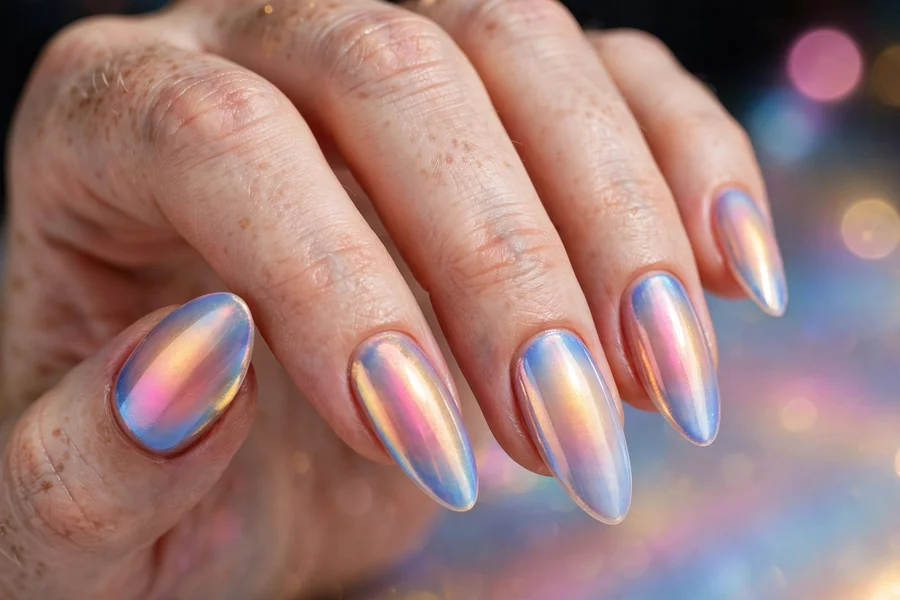 Opal rainbow aura nails with multi-color opalescent shimmer