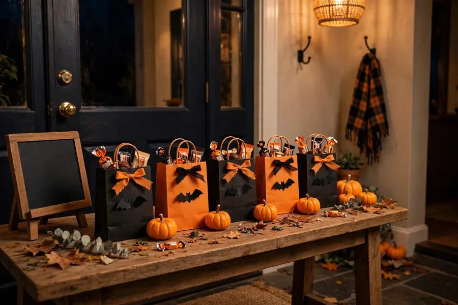 Halloween party favor bags in black and orange lined up on a table by the door