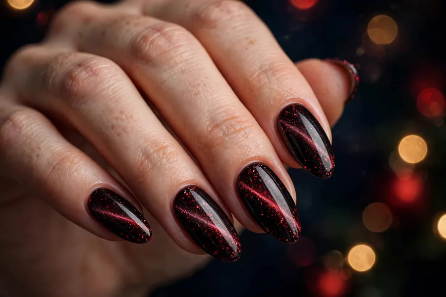 Party noir cherry dark red cat eye nails with red glitter