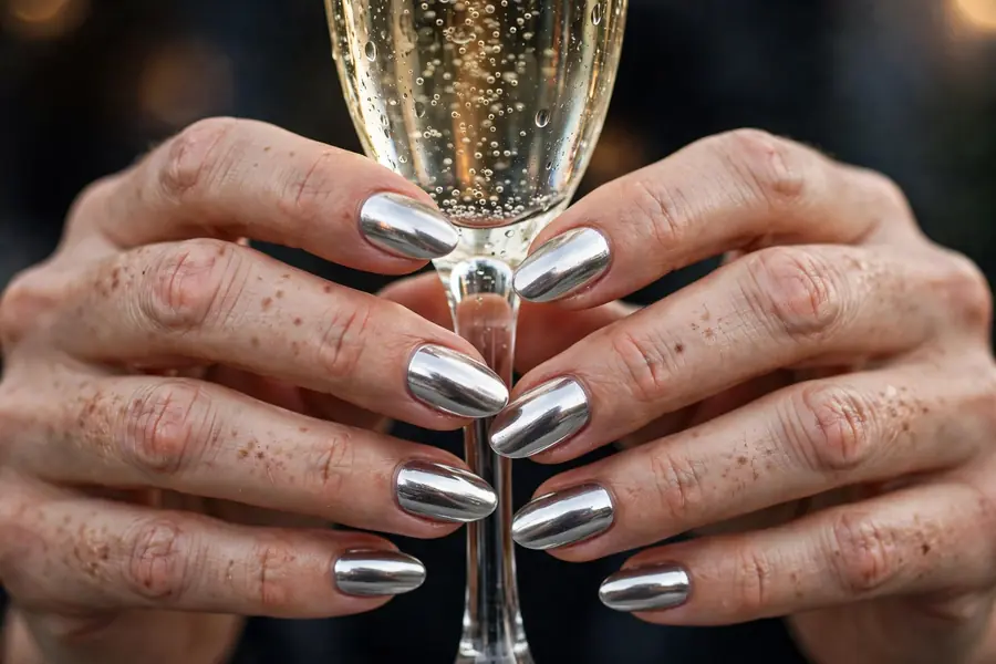 Party ready full silver chrome nails on real hands holding a champagne glass