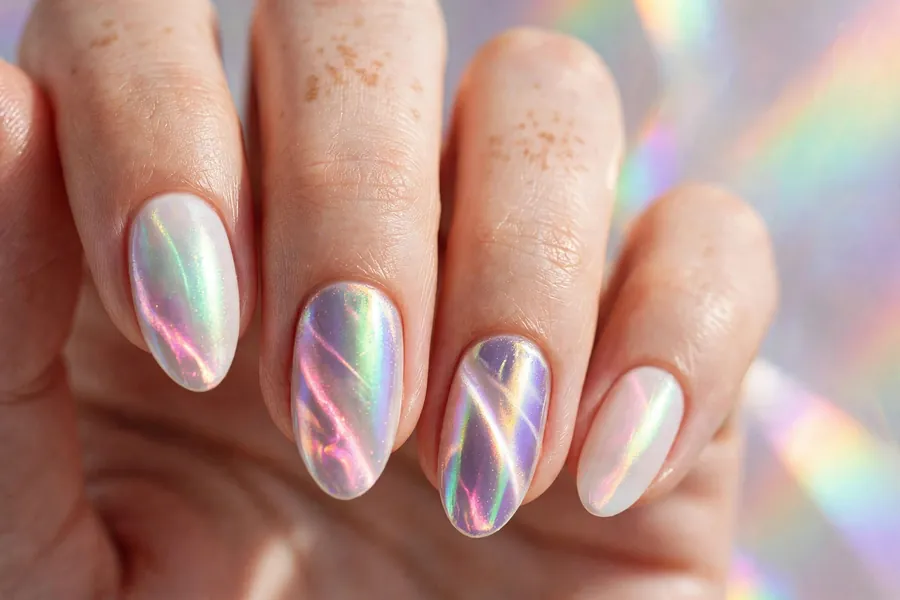 Almond nails with pearl-to-rainbow aurora two tone cat eye nail polish, prismatic shimmer