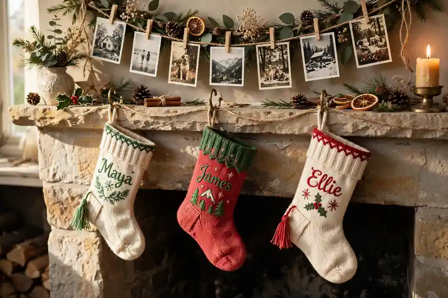 Personalized stockings and family photo garland on a Christmas mantel